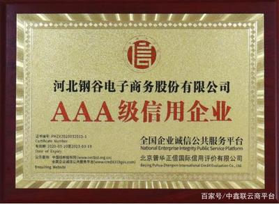 喜訊！河北鋼谷電子商務股份榮獲AAA級企業信用等級證書